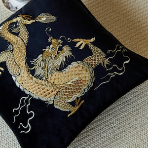 Black Velvet Embroidery Dragon Cushion Cover, Art Design Animal Pattern Pillowcases, Modern Accent 19x19inch Throw Pillow Cover, Home Decor image 4