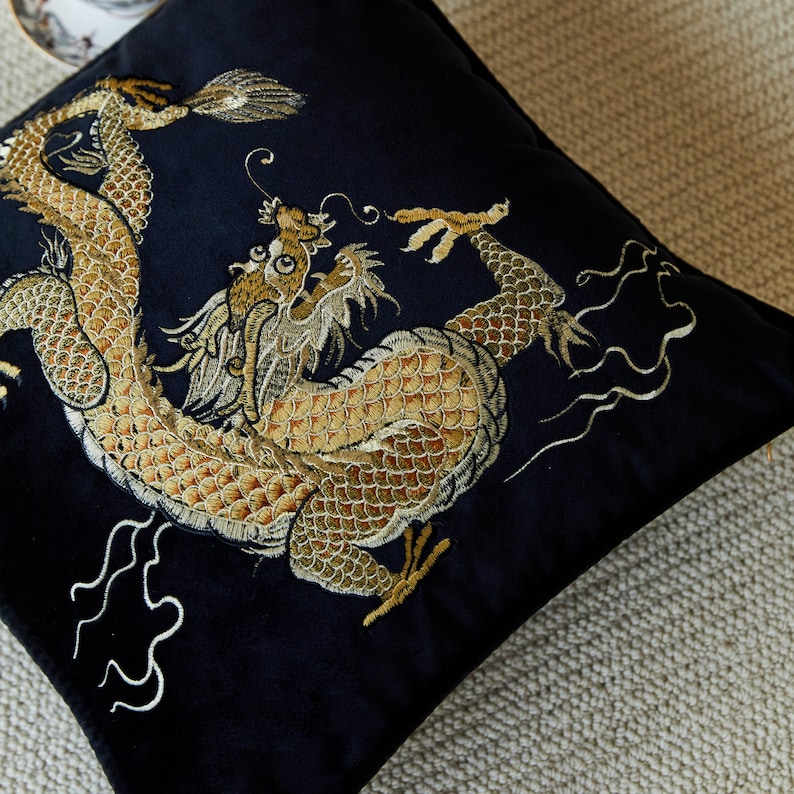 Black Velvet Embroidery Dragon Cushion Cover, Art Design Animal Pattern Pillowcases, Modern Accent 19x19inch Throw Pillow Cover, Home Decor image 4
