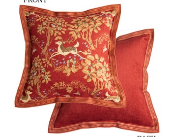Gold Deer Throw Pillow Cover in Red and Gold, Custom Size, Elegant Home Decor