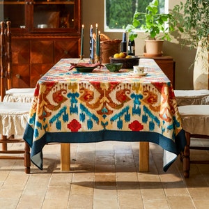 Indian Block Printed Table Cloth Custom Made Table Cover Totem Design Linen Bright Color Designer Fabric Art Print  Party Home Kitchen Decor