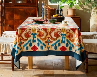 Indian Block Printed Table Cloth Custom Made Table Cover Totem Design Linen Bright Color Designer Fabric Art Print  Party Home Kitchen Decor