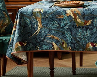 Custom Waterproof Cotton Tablecloth, Bird Botanical Dining Table Cover, English Garden Decor