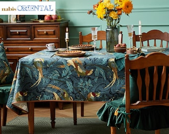 Jungle Nightingale Printed Cotton Table Cloth,  Retro Rich Color Waterproof Table Cover Extra Large, Natural fabric with Good Stitching