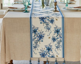 Chemin de table floral bleu, décor de table chic de chinoiseries classiques, cadeau personnalisé de chemin de table de décoration orientale de conception graduée pour elle, conception d'art