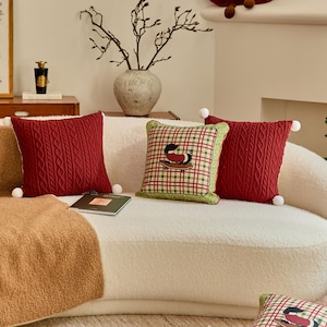 Custom Red Plaid Dog Pillow Cover, Funny Skate Dog Winter Decor