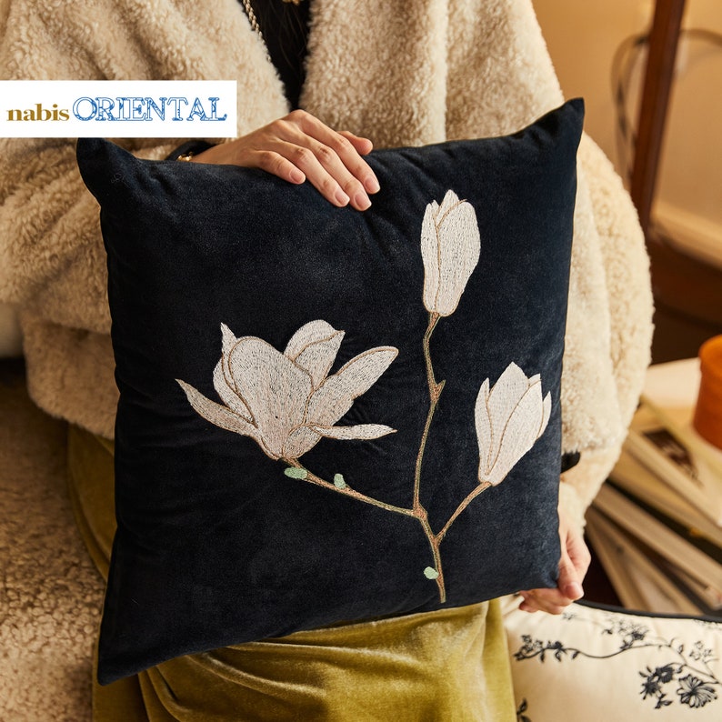 Classic French Style Embroidered Flower & Branches Throw Pillow Cover, Black and White Pillowcase with Delicate Stitches for Indoor/Outdoor image 2