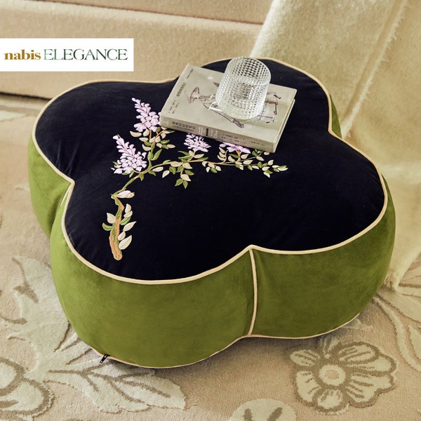 Embroidery Flower Ottoman Cover Pouf Cover Living Room Sofa Decor Velvet Pillow Cover Handmade Rustic Ottoman Best Home Gifts Footstool Case