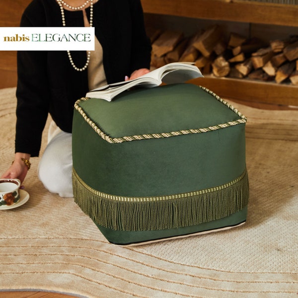 Housse de pouf verte non rembourrée faite à la main de pouf de sol carré Housse de pouf ottoman, cadeau pour la maison, décoration de salon, housse de repose-pieds, cadeau de mariage haut de gamme