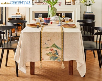 Chinoiserie Table Runner Custom Size Tea Table Centerpiece Handmade Printed Art Home Decor Detachable Tassel Oriental Gift for Home