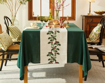 Holly Berry Table Runner, Waterproof Botanical Table Decor, Custom Size
