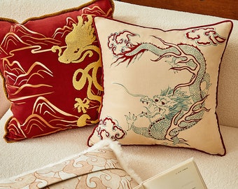 Embroidery Animal Throw Pillow Cover Printed Blue Dragon Pillow Case Oriental Pillow Cover Handmade Gift for Her Home Decor Cushion Cover