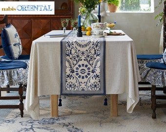 Blue and Pearl White Porcelain Pattern Table Runner, Indigo Blue Printing Fabric Table Runner - Custom Size Table Centerpiece - Custom Decor