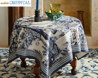 Retro Square Blue Pearl White Tablecloth Porcelain Pattern Block Print End Table Cloth, Anti-Dust Floral Rustic Cloth, Gift for Her