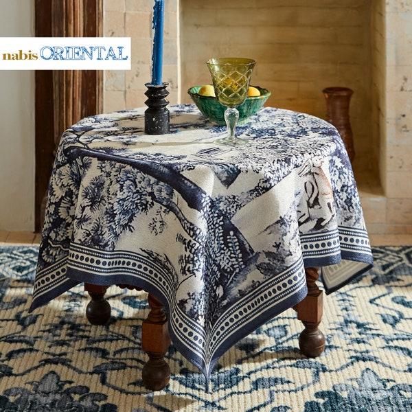 Retro Square Blue Pearl White Tablecloth Porcelain Pattern Block Print End Table Cloth, Anti-Dust Floral Rustic Cloth, Gift for Her