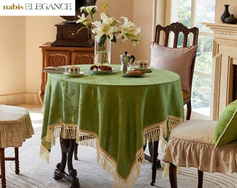 Green Bamboo Grove Classical Table Cloth Spring Atmosphere Artistic Touch Dining Ware Table Cover Elegant Design Home Decor Tassel Edge