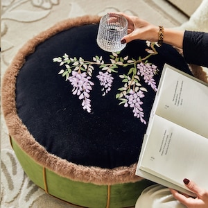 Embroidery Round Pouf Cover Handmade with Furry Edge Velvet Fabric Foot Stool Cover Living Room Floor Pillow Cover Embroidery Flower Cover