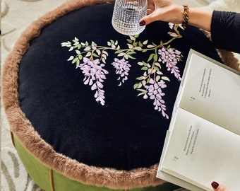 Embroidery Round Pouf Cover Handmade with Furry Edge Velvet Fabric Foot Stool Cover Living Room Floor Pillow Cover Embroidery Flower Cover