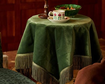Forest Green Velvet Tablecloth with Fringe, Retro Accent Table Decor, Custom Size