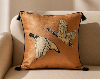 Goose Pillow Cover, Double-Sided Brown Bird Cushion with Black Piping for Sofa