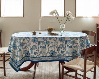 Blue Floral Waterproof Tablecloth, Wisteria Table Cover, Custom Size Dining Tablecloth