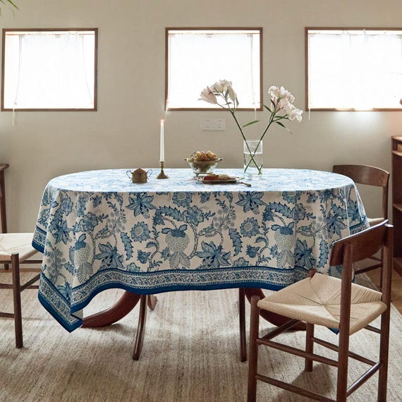 Blue Wisteria Waterproof Tablecloth, Floral Dining Table Cover, Custom Size Table Cloth