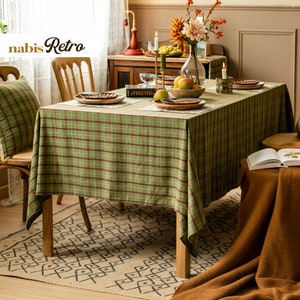 Green Plaid Cotton Tablecloth, Custom Size Rectangle Table Cover for Kitchen Dining Table, Farmhouse, Christmas or Holiday Decor