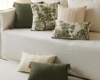 Funda de cojín botánica verde, cojín decorativo de chenilla, funda lumbar con borlas, decoración de sofá color crema