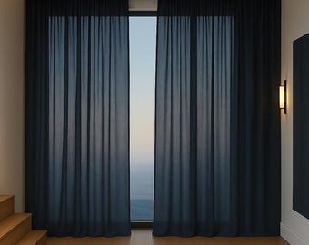 Dark Blue Linen Curtain Panel, Custom Window Treatment for Bedroom or Living Room, Natural Fabric Drape, Semi Sheer Curtain for Home Decor