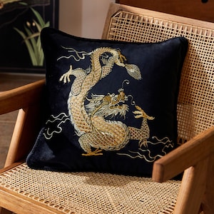 Black Velvet Embroidery Dragon Cushion Cover, Art Design Animal Pattern Pillowcases, Modern Accent 19x19inch Throw Pillow Cover, Home Decor image 1