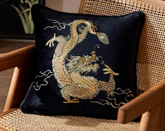 Housse de coussin dragon en velours noir brodé, taies d'oreiller design art animalier, housse de coussin décorative moderne 19 x 19 pouces, décoration d'intérieur