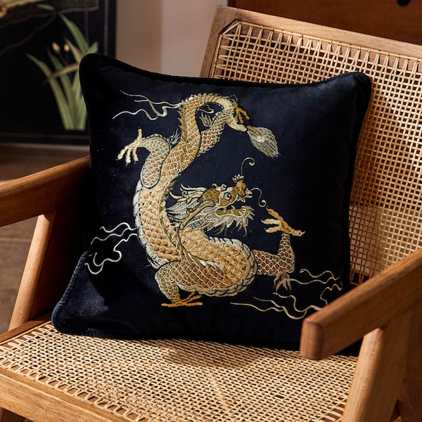Handmade Dragon Pillow Cover, Black Velvet Embroidered Cushion Cover, Chinoiserie Sofa Decor
