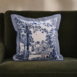 Fodera per cuscino Chinoiserie blu e bianca, cuscino in ciniglia con paesaggio, decorazione per divano Grandmillennial