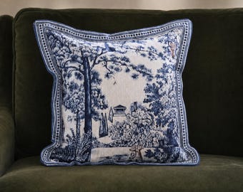 Blue White Chinoiserie Pillow Cover, Chenille Landscape Cushion, Grandmillennial Sofa Decor