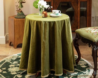 Pickle Green Velvet Tablecloth, Custom Round/Square/Rectangular Table Cover, Fringe/Braided Edge Tablecloth