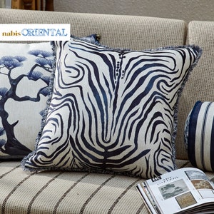 Double Sided French Blue Zebra Print Throw Pillow Cover, Art Print Chenille, Handmade Pillowcase with Unique Design,  Home Sofa Cushion Case