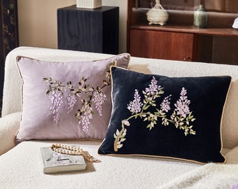 Embroidery Wisteria Throw Pillow Cover Velvet Pillow Cover Home Decor Living Room Sofa Cushion Cover Handmade Housewarming Gift For Friends