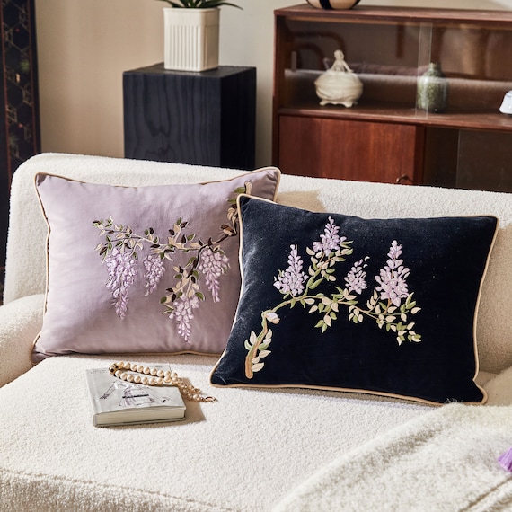 Embroidery Wisteria Throw Pillow Cover Velvet Pillow Cover Home Decor Living Room Sofa Cushion Cover Handmade Housewarming Gift for Friends Etsy