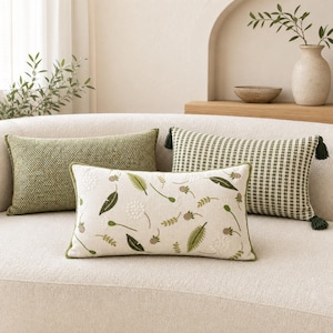 Green Lumbar Pillow Cover, Botanical Floral, Tassel, Textured 12x20 Decor for Sofa and Bed