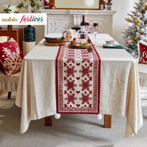 Puede incluir: Un mantel blanco con un camino de mesa con estampado de copos de nieve rojos y blancos. El camino de mesa tiene pompones blancos en cada extremo. La mesa está puesta con una copa de vino, un plato y una taza de té.