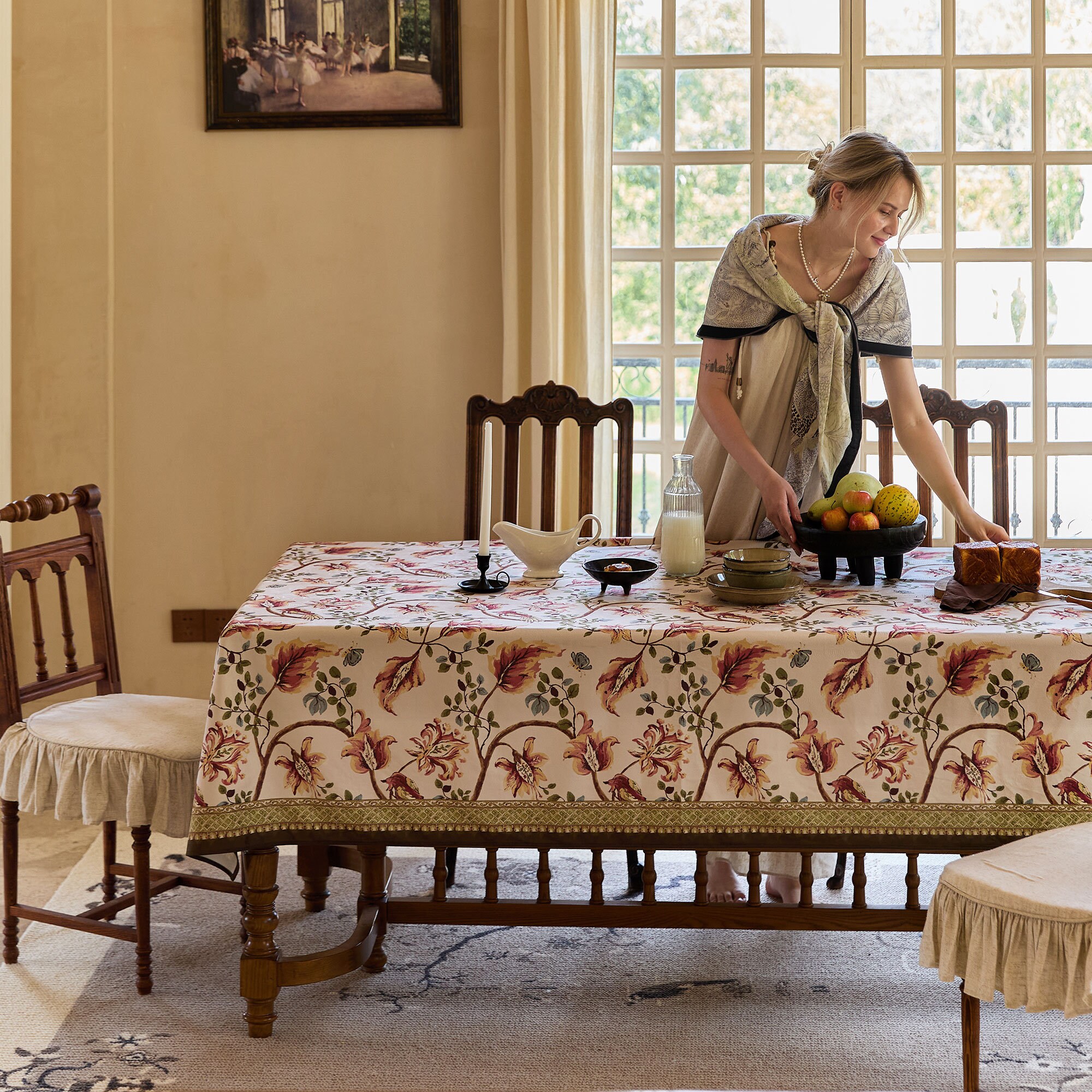 アメリカ　アンティークリネン　146x190㌢　テーブルクロス 鳥　レトロ Elegance tablecloth - Etsy 日本
