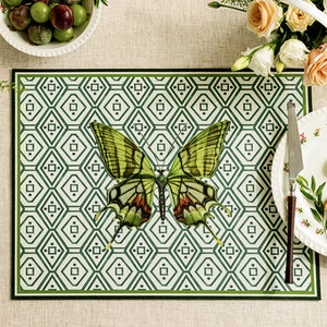 Green Geometric and Butterfly Vinyl Placemats, Refreshing Idyllic Table Setting Decor, Stain Resistant Leather Table Placemats  for Kitchen