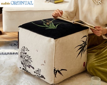 Chinoiserie Art Design Ottoman Cover Oriental Pattern Fabric Pouf Cover Rug Pouf Footstool  Ottoman Slipcover Sofa Floor Pillow Cover