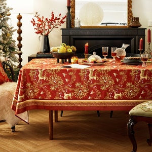Waterproof Red and Gold Deer Tablecloth Custom Size Velvet Dining Table Setting Housewarming Gift  Art Print Tablecloth Wedding Tablecloth