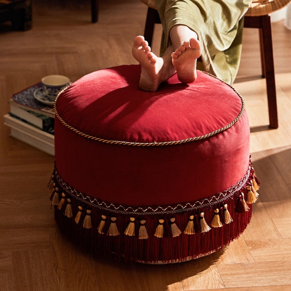 Housse de repose-pieds fait main haut de gamme, décoration de salon rouge, housse de pouf, housse de coussin de sol, cadeau pour elle, pouf, pouf, non rembourré