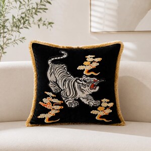Embroidered Dragon Tiger Pillow Cover, Black Velvet Chinoiserie Cushion, Asian Home Decor