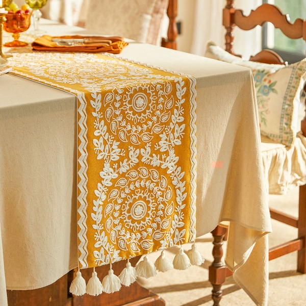 Golden Embroidered Table Runner, Rustic Farmhouse Tassel Decor
