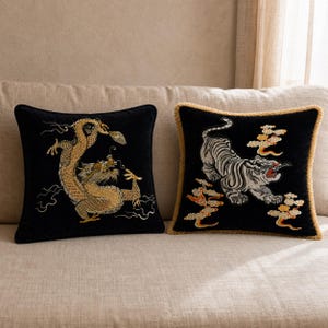 Dragon Tiger Pillow Cover, Embroidered Black Velvet Chinoiserie Cushion, 18x18 or 19x19
