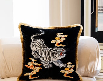 Black Throw Pillow Cover with Embroidered Tiger in Auspicious Clouds, Mink Cashmere Tiger Throw Pillow Case,   Animal Lover, Sofa Decor