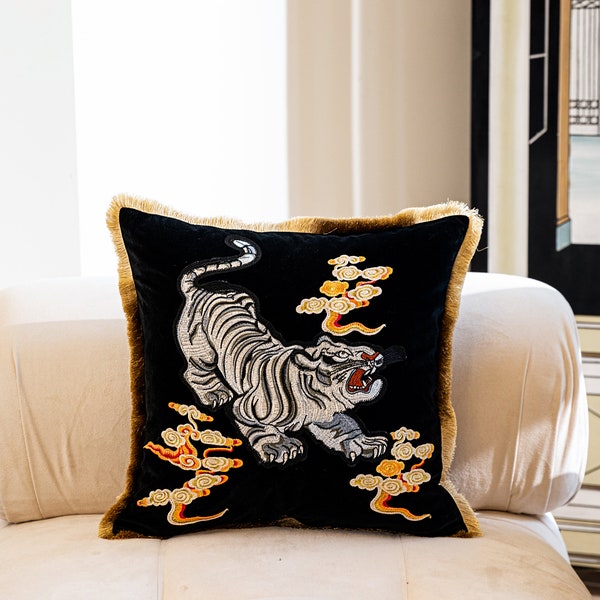 Black Throw Pillow Cover with Embroidered Tiger in Auspicious Clouds, Mink Cashmere Tiger Throw Pillow Case,   Animal Lover, Sofa Decor