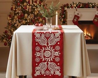 Red and White Floral Table Runner, Embroidered Wedding Table Decor